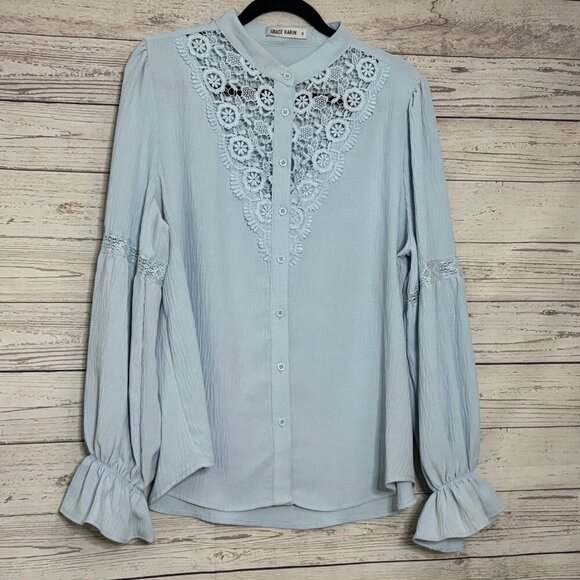 Grace Karin Lace Collar Peasant Sleeve Button Up XL - Picture 2 of 6